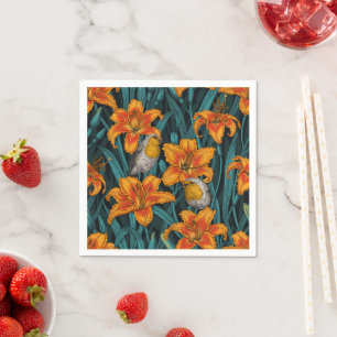 Robins and lilly flowers, orange and blue napkin