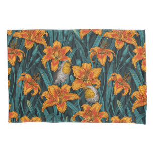 Robins and lilly flowers, orange and blue pillowcase