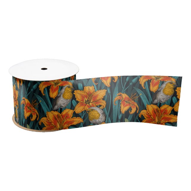 Robins and lilly flowers, orange and blue satin ribbon (Spool)