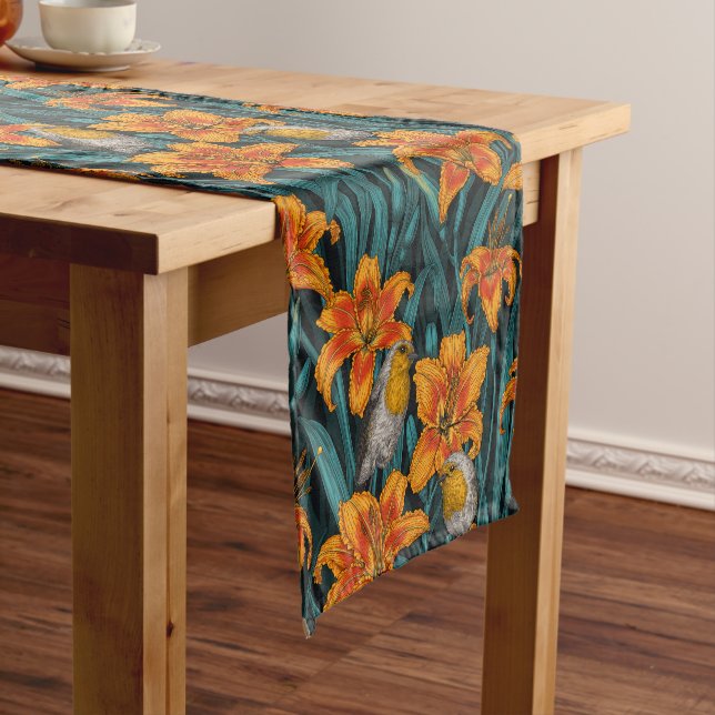 Robins and lilly flowers, orange and blue short table runner (In Situ)