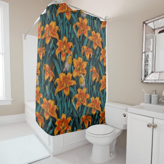 Robins and lilly flowers, orange and blue shower curtain (In Situ)