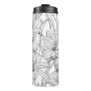 Robins and lilly flowers, orange and blue thermal tumbler