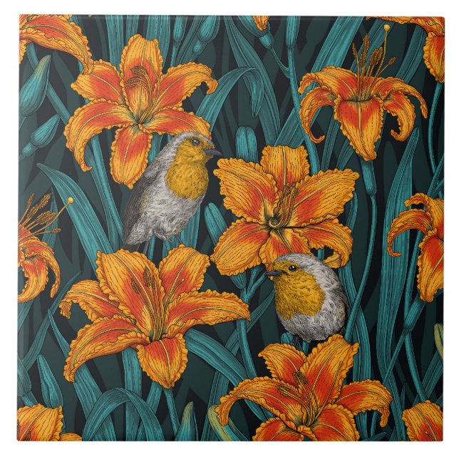 Robins and lilly flowers, orange and blue tile (Front)