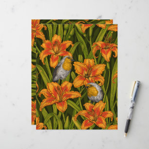 Robins and lilly flowers, orange and dark green