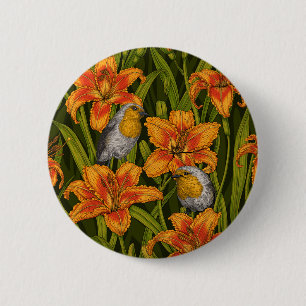 Robins and lilly flowers, orange and dark green 6 cm round badge