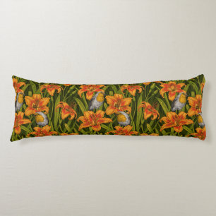 Robins and lilly flowers, orange and dark green body cushion