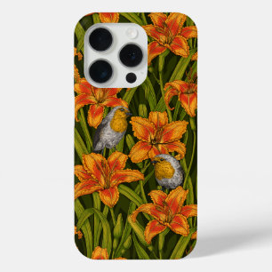 Robins and lilly flowers, orange and dark green iPhone 15 pro case