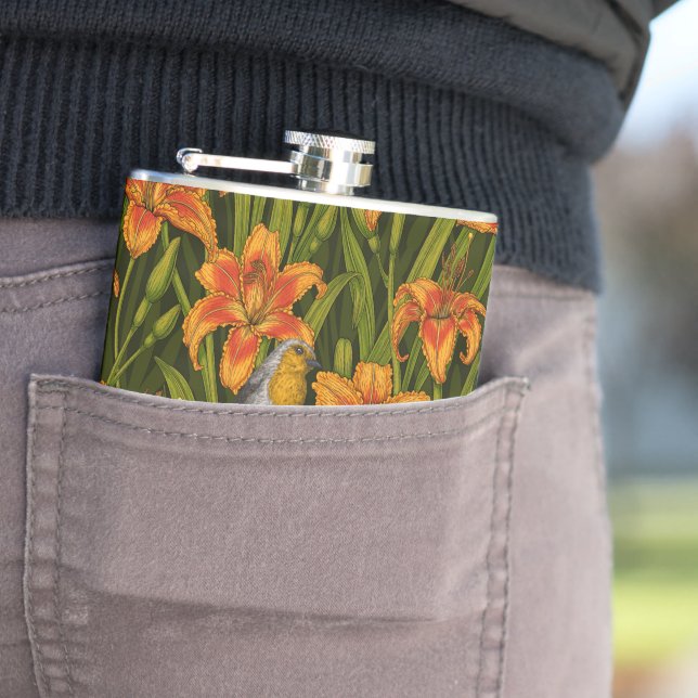 Robins and lilly flowers, orange and dark green hip flask (In Situ)
