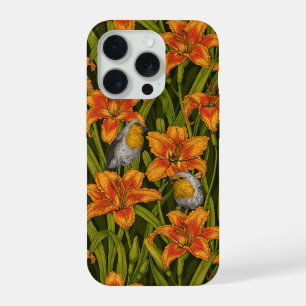 Robins and lilly flowers, orange and dark green iPhone 15 pro case