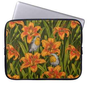 Robins and lilly flowers, orange and dark green laptop sleeve