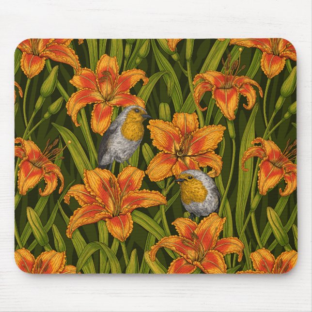 Robins and lilly flowers, orange and dark green mouse pad (Front)