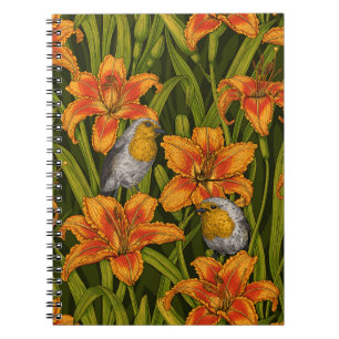 Robins and lilly flowers, orange and dark green notebook