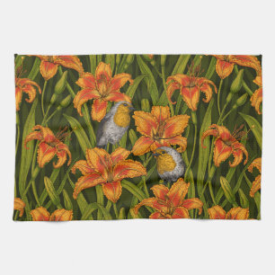 Robins and lilly flowers, orange and dark green tea towel