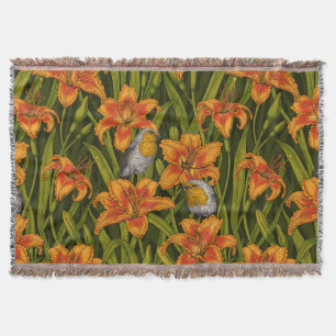 Robins and lilly flowers, orange and dark green throw blanket
