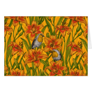 Robins and lilly flowers, orange and green