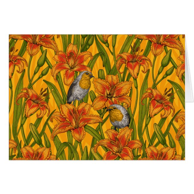 Robins and lilly flowers, orange and green (Front Horizontal)