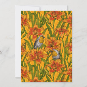 Robins and lilly flowers, orange and green