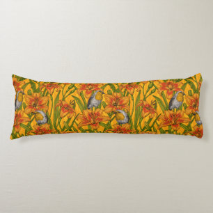 Robins and lilly flowers, orange and green body cushion