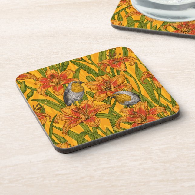 Robins and lilly flowers, orange and green coaster (Left Side)