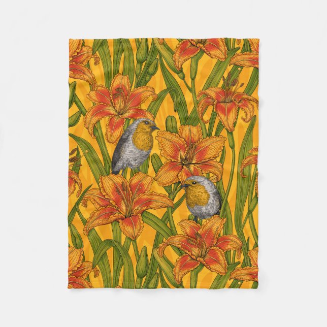 Robins and lilly flowers, orange and green fleece blanket (Front)