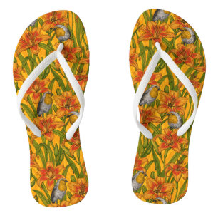 Robins and lilly flowers, orange and green jandals