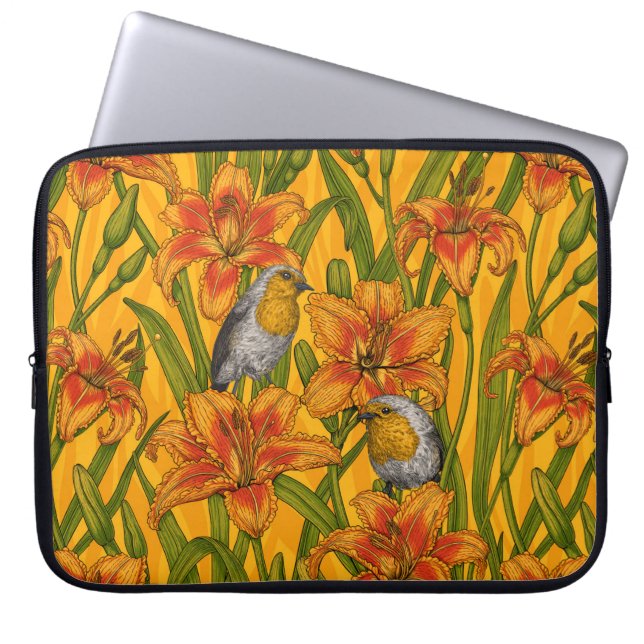 Robins and lilly flowers, orange and green laptop sleeve (Front)
