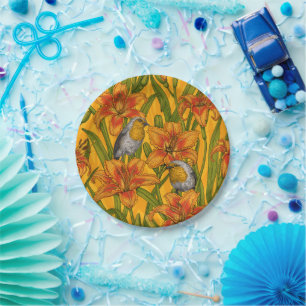 Robins and lilly flowers, orange and green paper plate