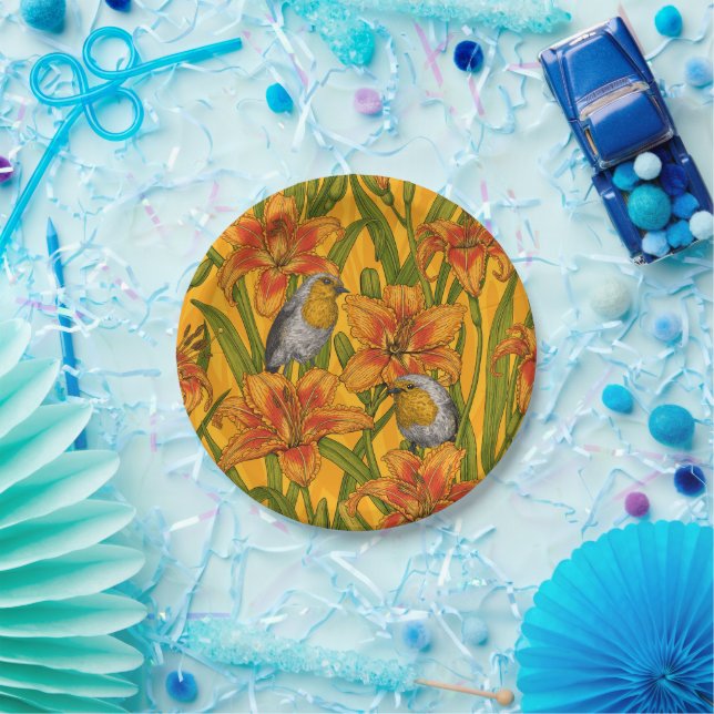 Robins and lilly flowers, orange and green paper plate (Party)