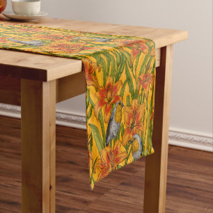 Robins and lilly flowers, orange and green short table runner