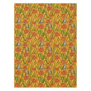 Robins and lilly flowers, orange and green tablecloth