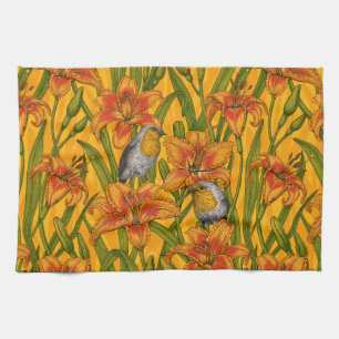 Robins and lilly flowers, orange and green tea towel