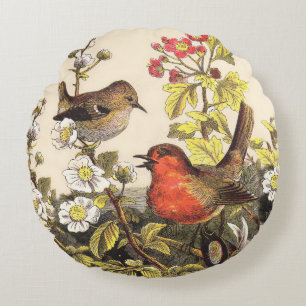 robins birds vintage spring round cushion