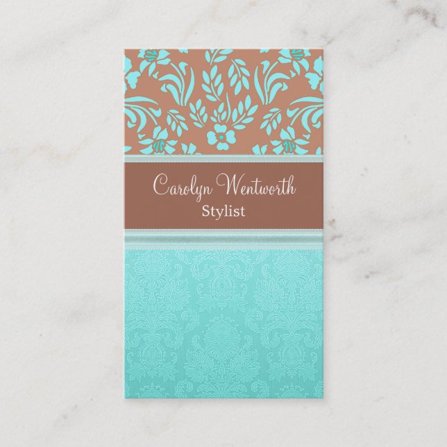 Robins Egg Blue and Brown Damask Business Card (Front)