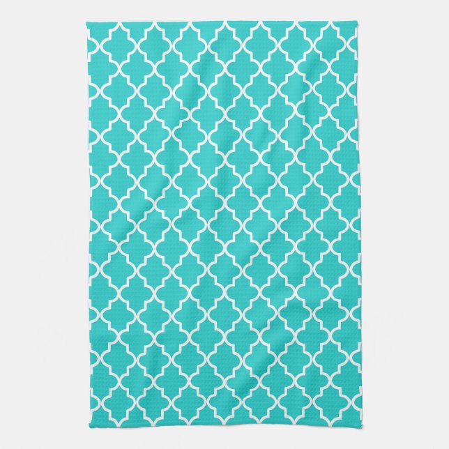 Robin's Egg Blue and White Moroccan Quatrefoil Tea Towel (Vertical)
