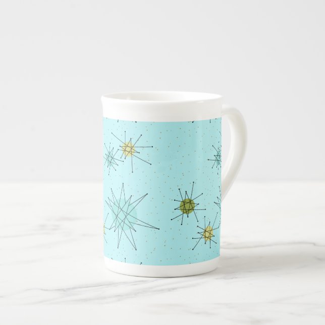 Robin's Egg Blue Atomic Starbursts China Mug (Front Right)