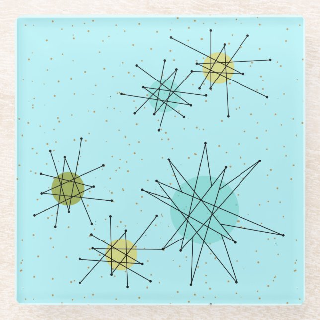 Robin's Egg Blue Atomic Starbursts Glass Coaster (Front)