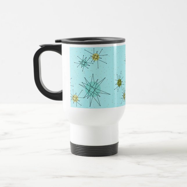 Robin's Egg Blue Atomic Starbursts Travel Mug (Left)