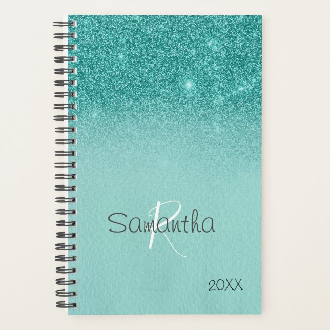 Robin's Egg Blue Glitter Sparkle Yearly Monogram Planner (Front)