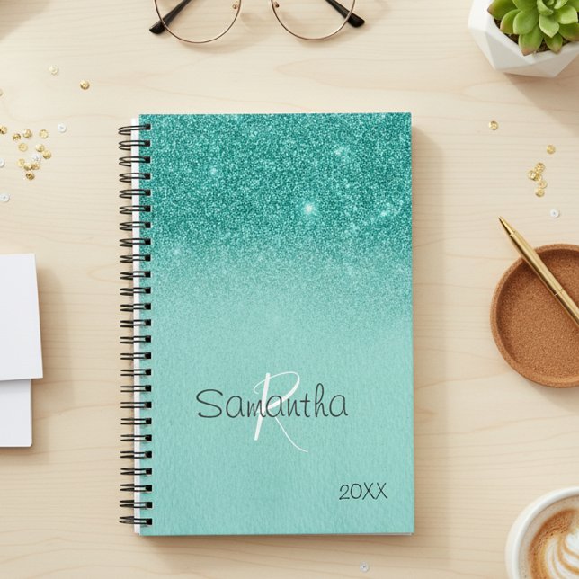 Robin's Egg Blue Glitter Sparkle Yearly Monogram Planner (Creator Uploaded)