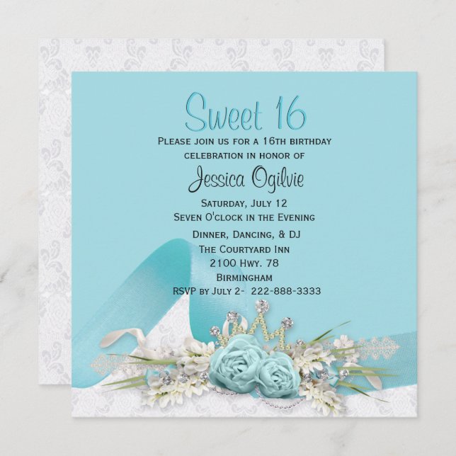 Robins Egg Blue Roses Sweet 16 Birthday Invitation (Front/Back)