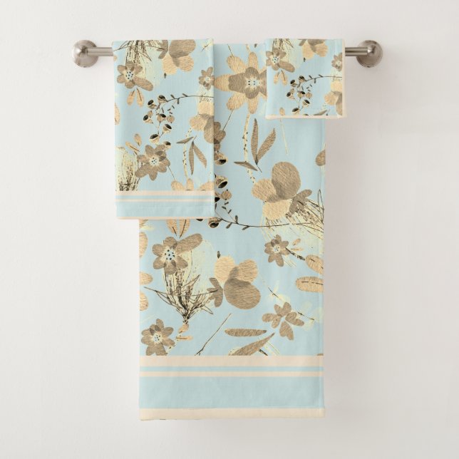 Robins Egg Blue with Brown Shades of Florals  Bath Towel Set (Insitu)