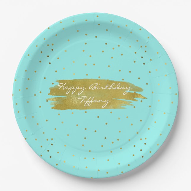 Robins Egg Blue with Gold Polka Dots Paper Plates (Front)
