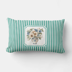 Robin's Egg Teal Vintage Botanical Stripe Lumbar Cushion