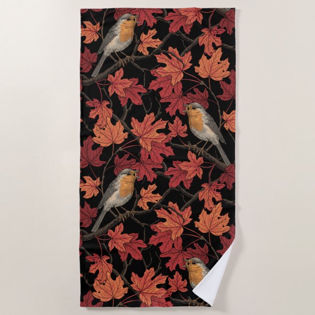 Robins in maple tree beach towel (Front)