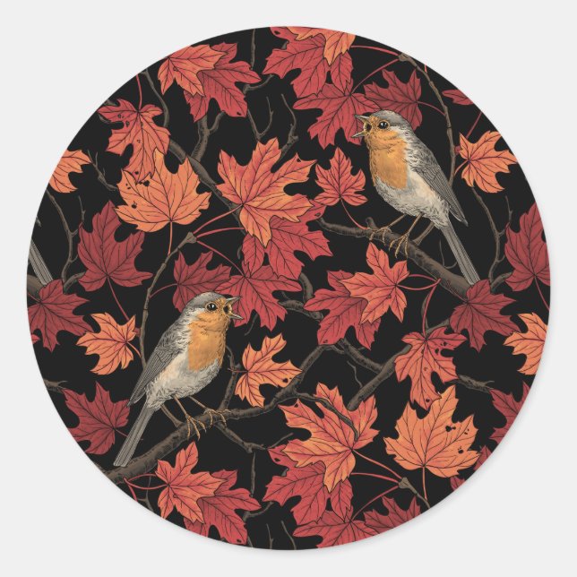 Robins in maple tree classic round sticker (Front)