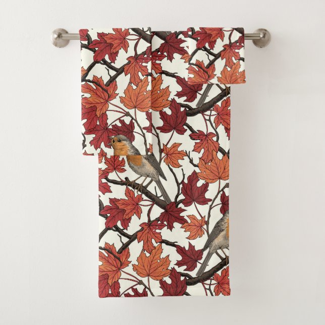 Robins in maple tree on off white bath towel set (Insitu)