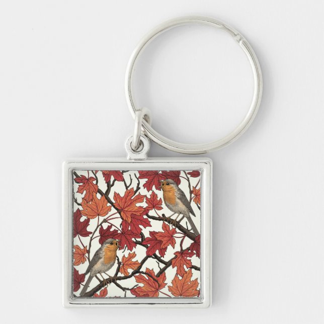 Robins in maple tree on off white key ring (Front)