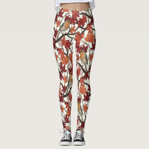 Robins in maple tree on off white leggings