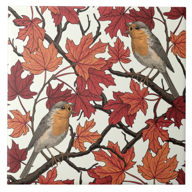 Robins in maple tree on off white tile (Front)