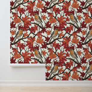 Robins in maple tree on off white wallpaper